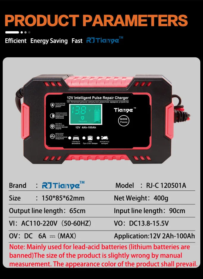 Carregador de Bateria de Carro Automático, Carregador Inteligente de 12V 6A para Motos